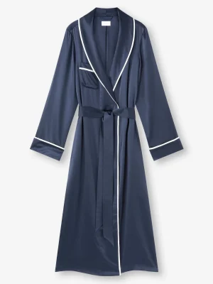 Derek Rose Dressing Gowns|View All>Long Dressing Gown Navy Blue