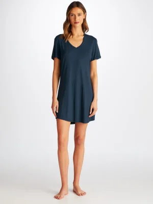 Derek Rose Mid Weight Pyjamas|View All>V-Neck Sleep T-Shirt Navy Blue
