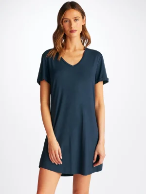 Derek Rose Mid Weight Pyjamas|View All>V-Neck Sleep T-Shirt Navy Blue
