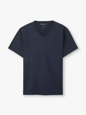 Derek Rose Cotton T-Shirts|View All>V-Neck T-Shirt Navy Blue