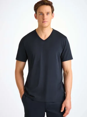 Derek Rose Cotton T-Shirts|View All>V-Neck T-Shirt Navy Blue