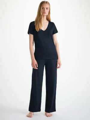 Derek Rose Sets|View All>V-Neck T-Shirt And Lounge Trousers Set Navy